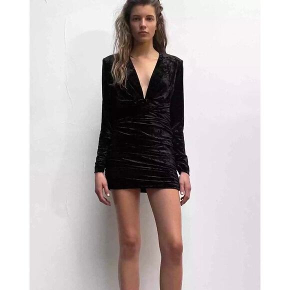 Zara Black Velvet Draped Mini Dress Shoulder Pads Size XS Prom Bachelorette - Picture 1 of 8
